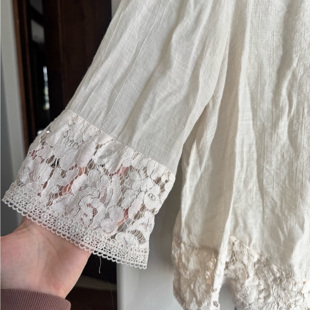 Zac & Rachel Lace Boho Peasant Top Cream Crochet Blouse Romantic Cottagecore L - Picture 2 of 5